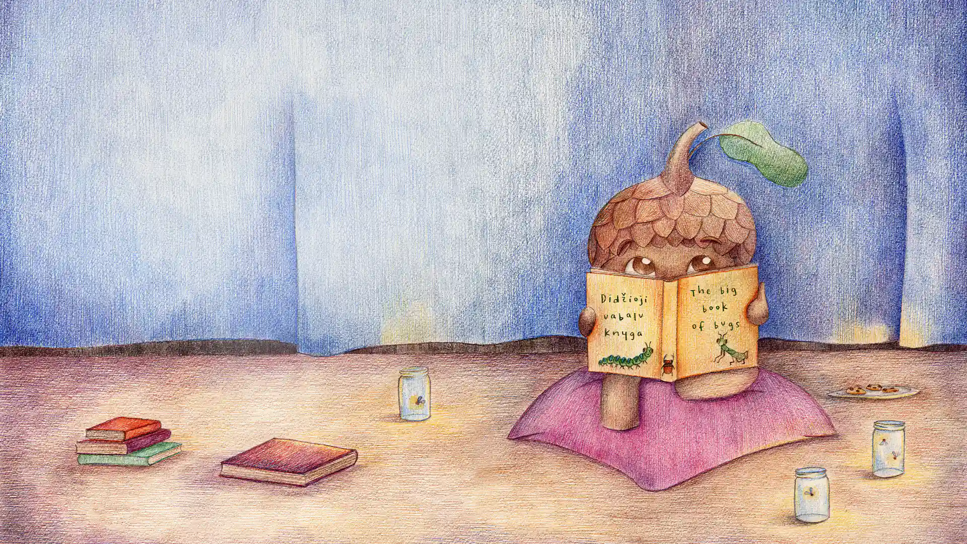 Ace, the little acorn from World of Ace, sits on a cushion reading The Big Book of Bugs, surrounded by books and jars of fireflies.